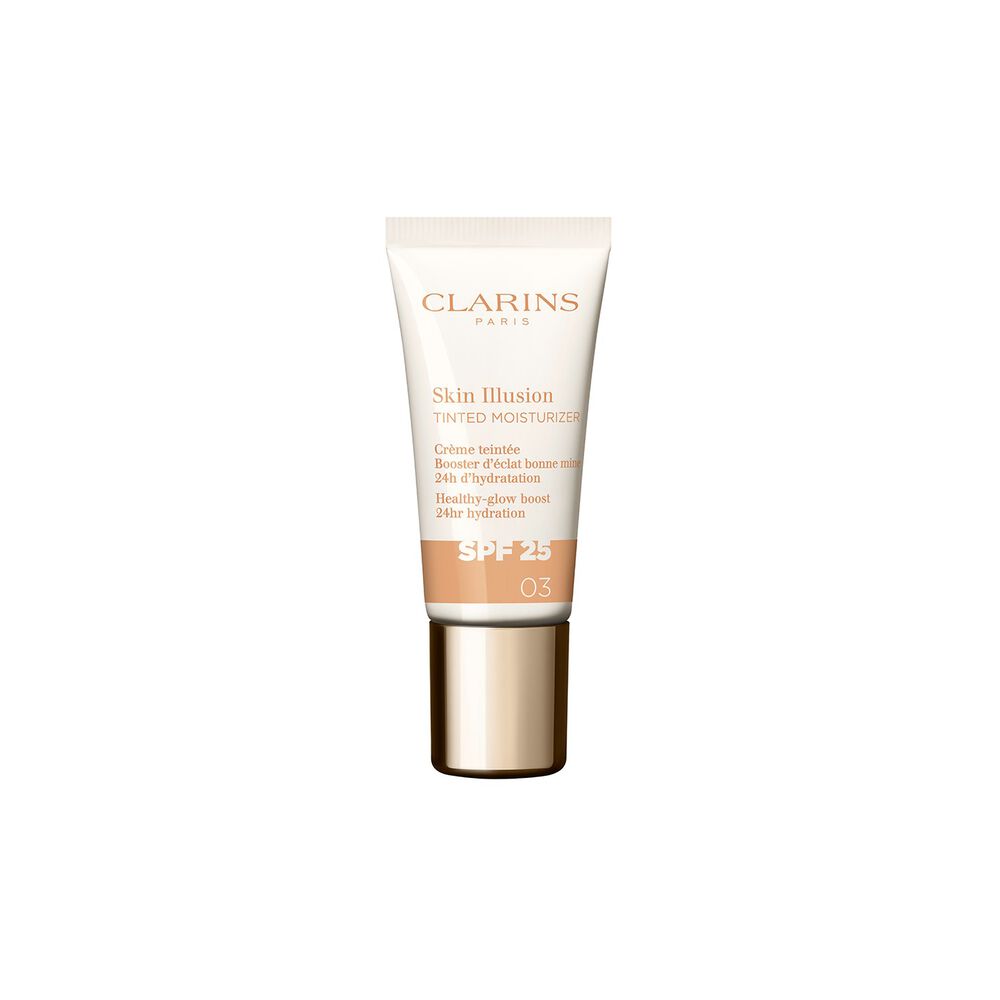 Packshot of the 15ml tube of Skin perfector Clarins Skin Illusion Tinted Moisturizer with spf shade 03