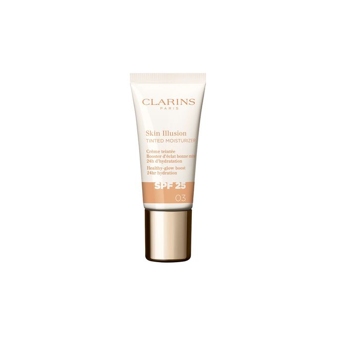 Packshot of the 15ml tube of Skin perfector Clarins Skin Illusion Tinted Moisturizer with spf shade 03