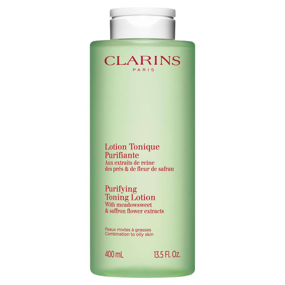 Gr&uuml;ner Flakon der Clarins Lotion Tonique Purifiante, mit ausgleichender Wirkung auf wei&szlig;em Hintergrund