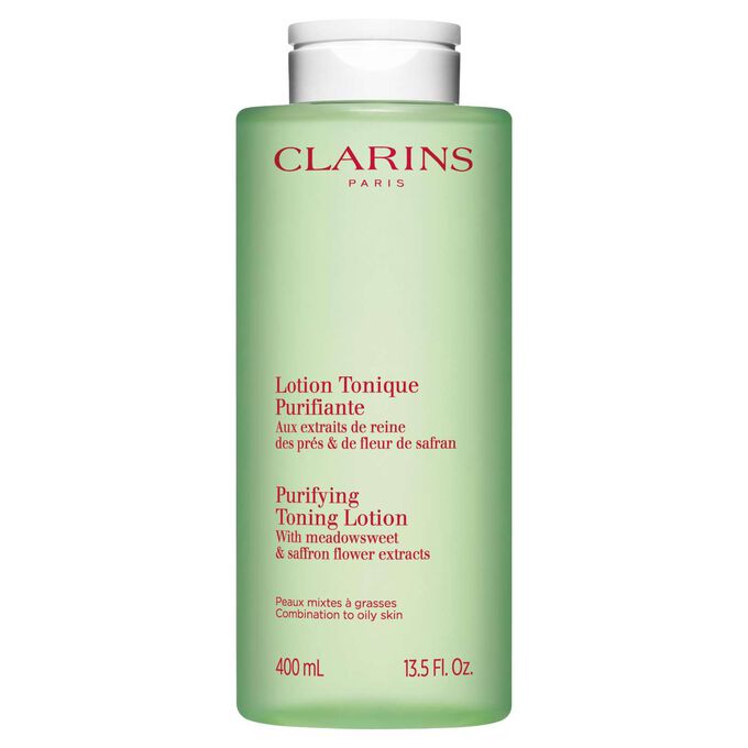 Gr&uuml;ner Flakon der Clarins Lotion Tonique Purifiante, mit ausgleichender Wirkung auf wei&szlig;em Hintergrund
