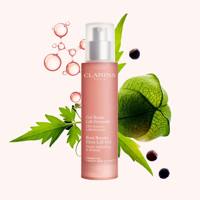 Flakon Clarins Gel Buste Lift-Fermet&eacute; mit Herzsame und Kollagen-Tripeptid-Molek&uuml;len als Hauptaktivstoffe.