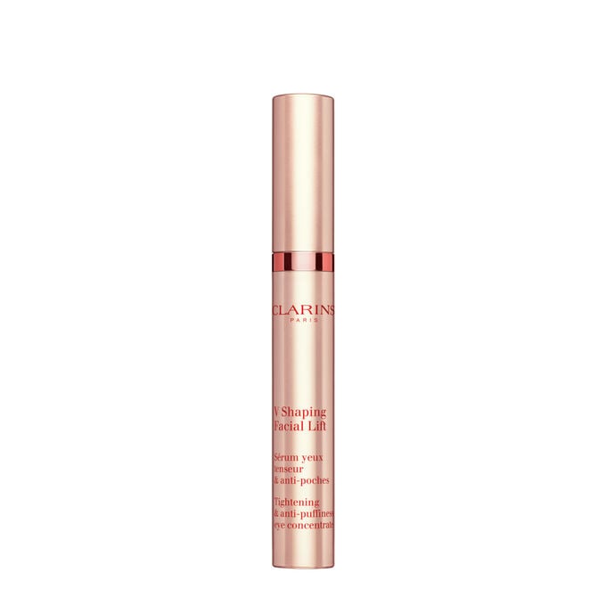 Applikator-Flakon V Shaping Facial Lift Augenserum von Clarins mit Irisch Moos auf rosafarbenem Hintergrund