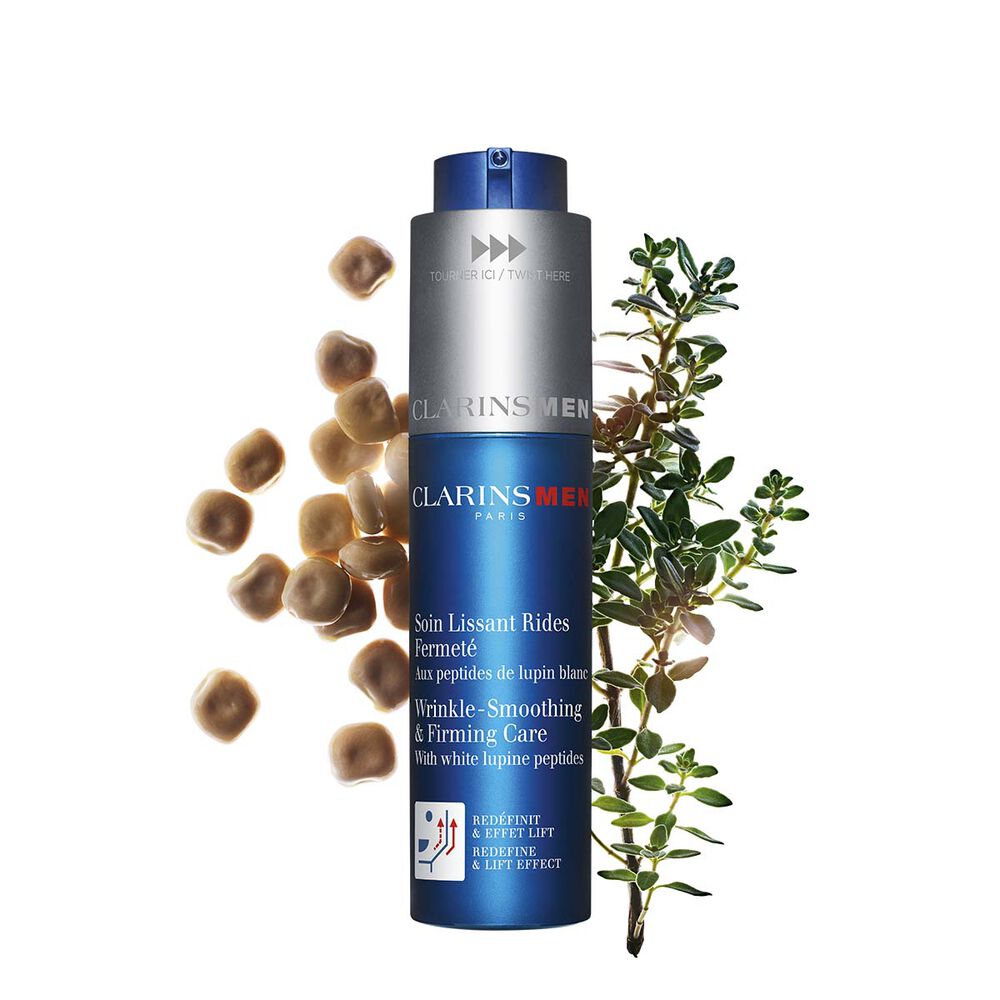 Clarins Anti-Aging-Pflege f&uuml;r M&auml;nner inmitten Wei&szlig;er Lupinen und Zitronen-Thymian zur Hervorhebung der Hauptinhaltsstoffe.