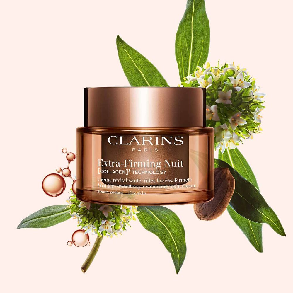 Tiegel Clarins Extra Firming Nuit für trockene Haut vor Mitracarpus-Pflanze, Pekansamen und Kollagenmolekül