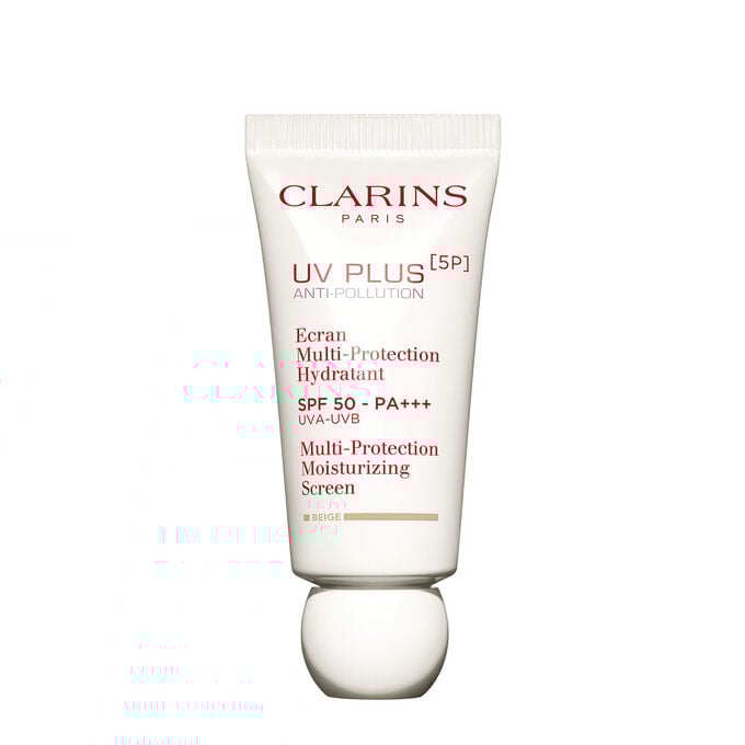 Tube Clarins UV Plus Anti-Pollution Beige, Feuchtigkeit spendender Mehrfachschutz SPF50 auf wei&szlig;em Hintergrund