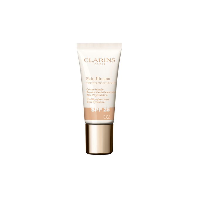 Packshot of the 15ml tube of Skin perfector Clarins Skin Illusion Tinted Moisturizer with spf shade 02