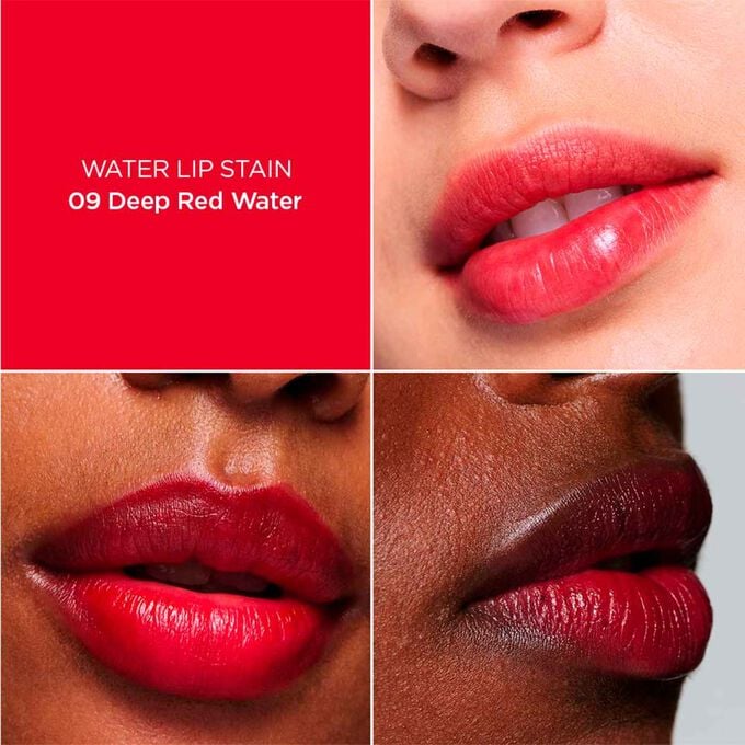 Frauenlippen zeigen das matte Farbergebnis mit unterschiedlich vielen Schichten Water Lips Stain 09 aufgetragen