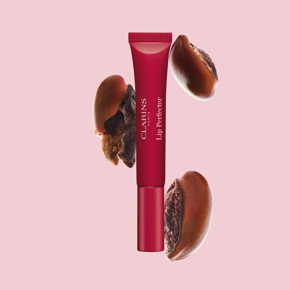 Tube Plumping Lip Perfector neben Sheasamen, um die intensive Lippenpflegeformel f&uuml;r n&auml;hrende Pflegewirkung hervorzuheben