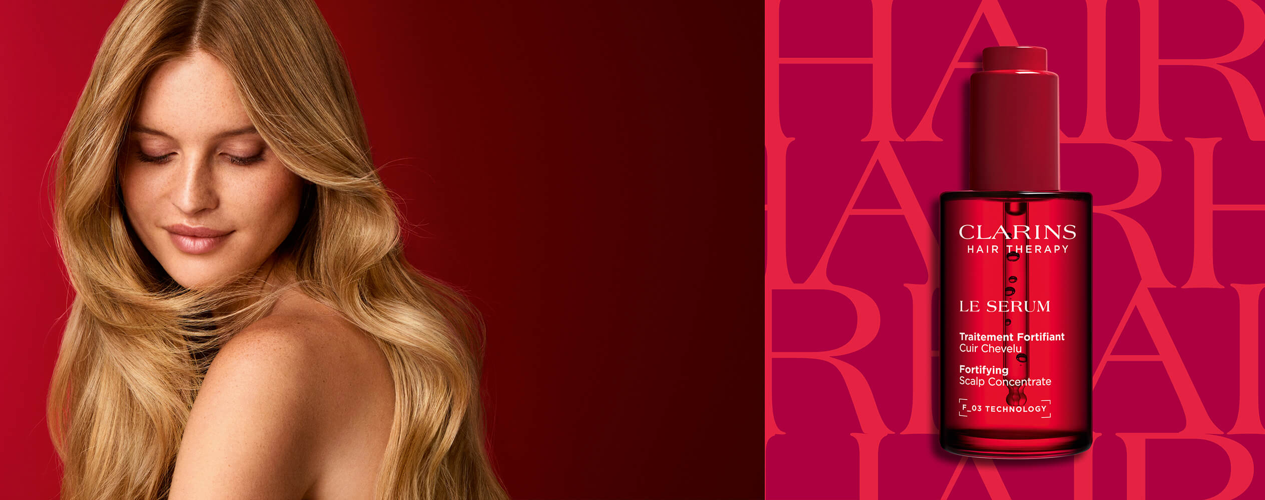 Frau mit wunderschönem Haar nach Anwendung von Clarins Hair Therapy Le Serum