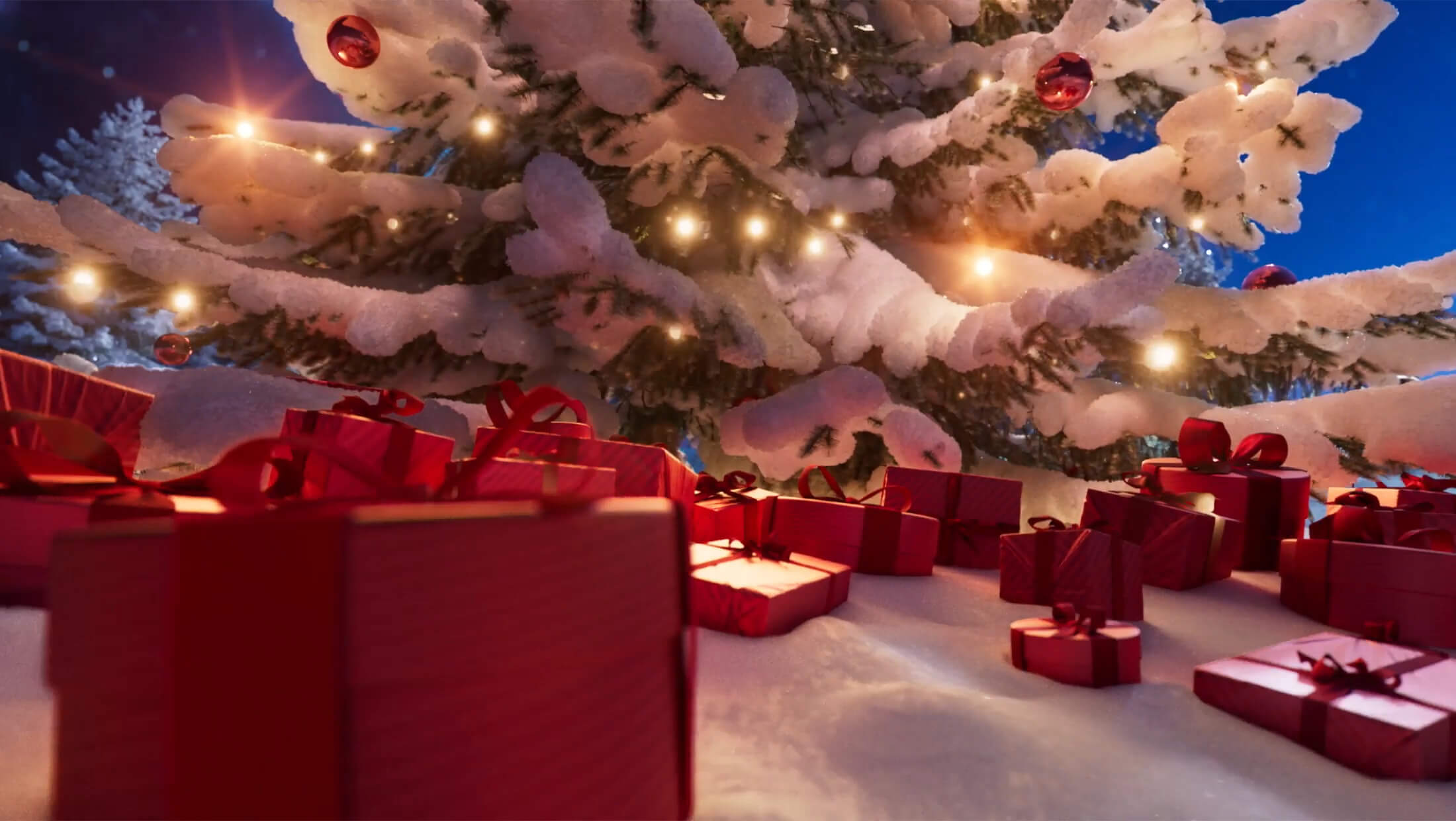 Ausschnitt Weihnachtsvideo 2025 zeigt viele Geschenkboxen unter dem Weihnachtsbaum