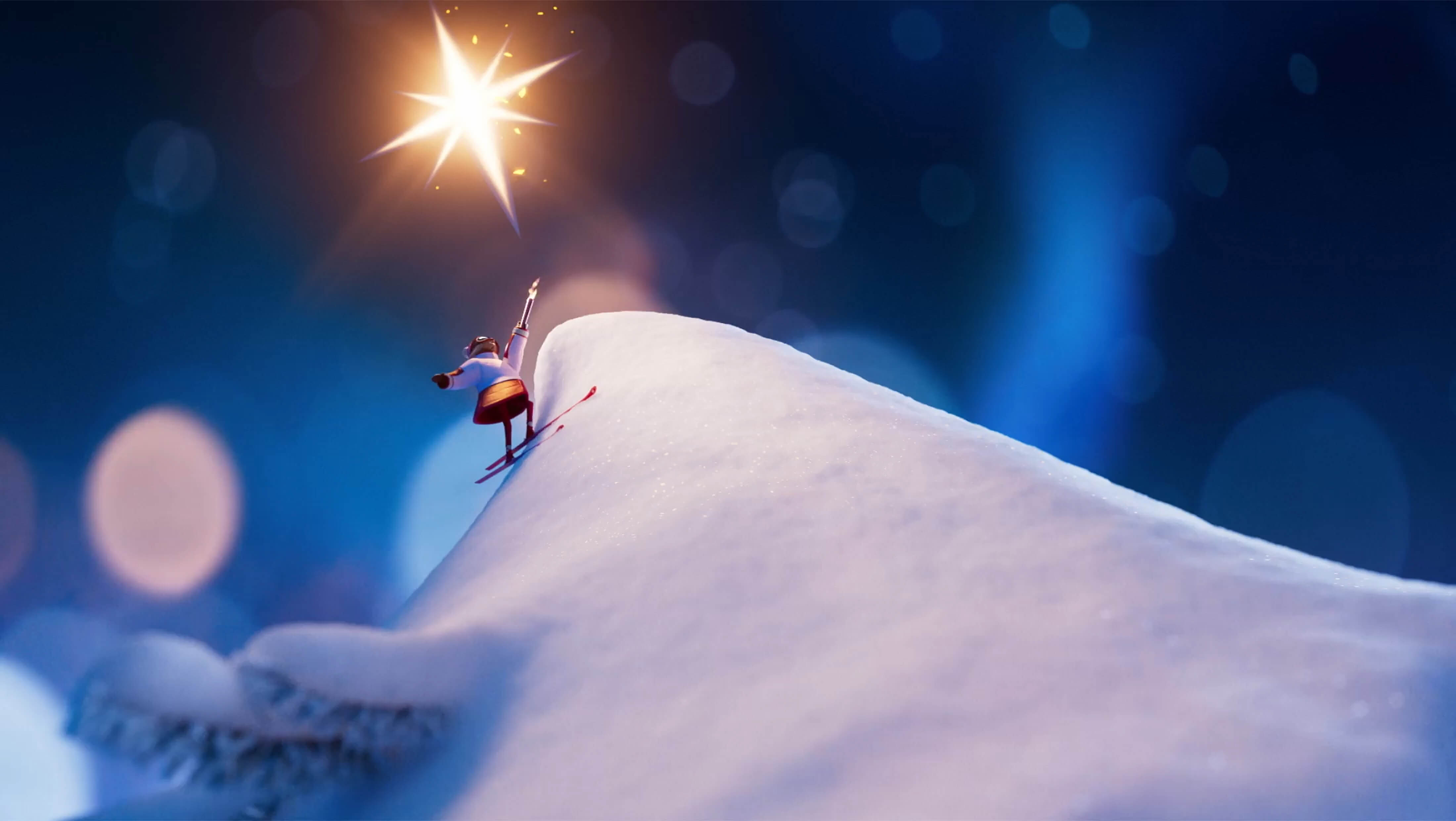 Ausschnitt Weihnachtsvideo 2025, in dem ein Skifahrer einen mit Clarins Produkten geschmückten Weihnachtsbaum hinunterfährt.