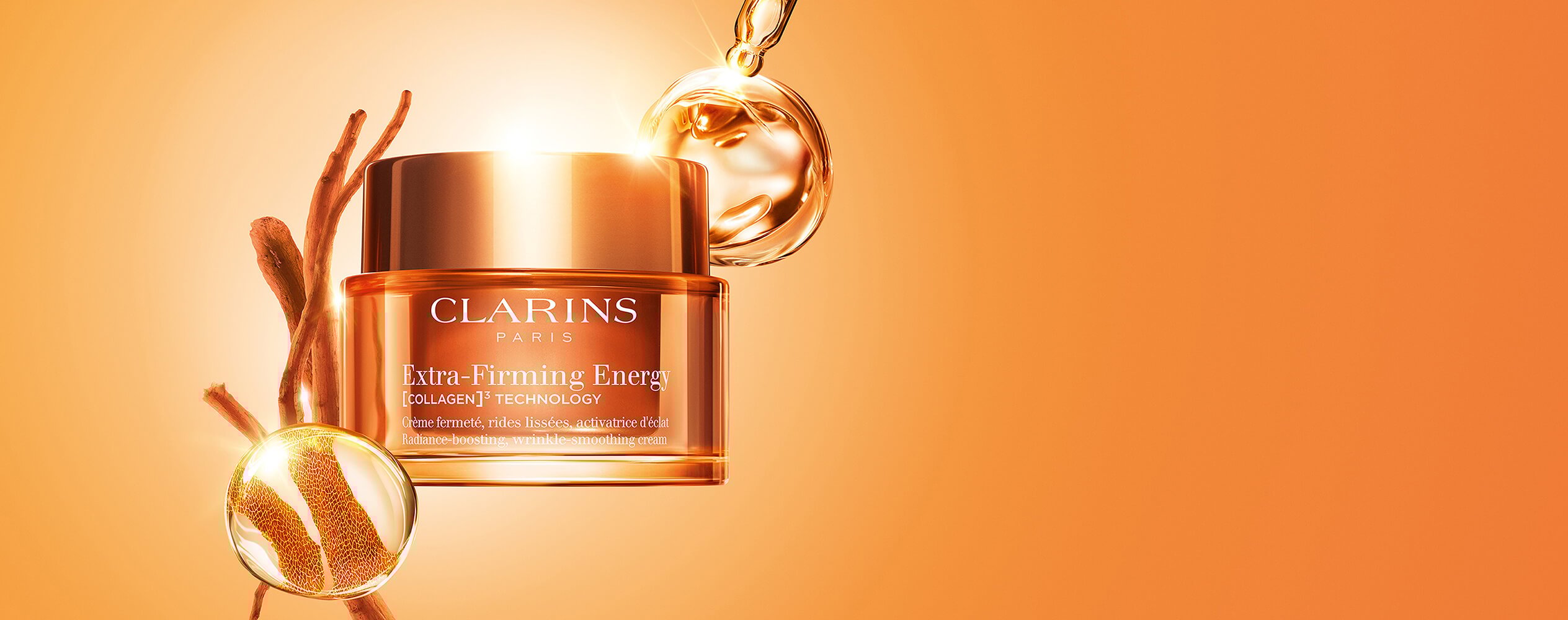 Tiegel Extra-Firming Energy auf dem Hintergrund der Kampagne