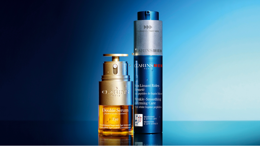 Visual of the Double Serum Eye and the new ClarinsMen Wrinkle-Smoothing & Firming Care Visual of the Double Serum Eye and the new ClarinsMen Wrinkle-Smoothing & Firming Care